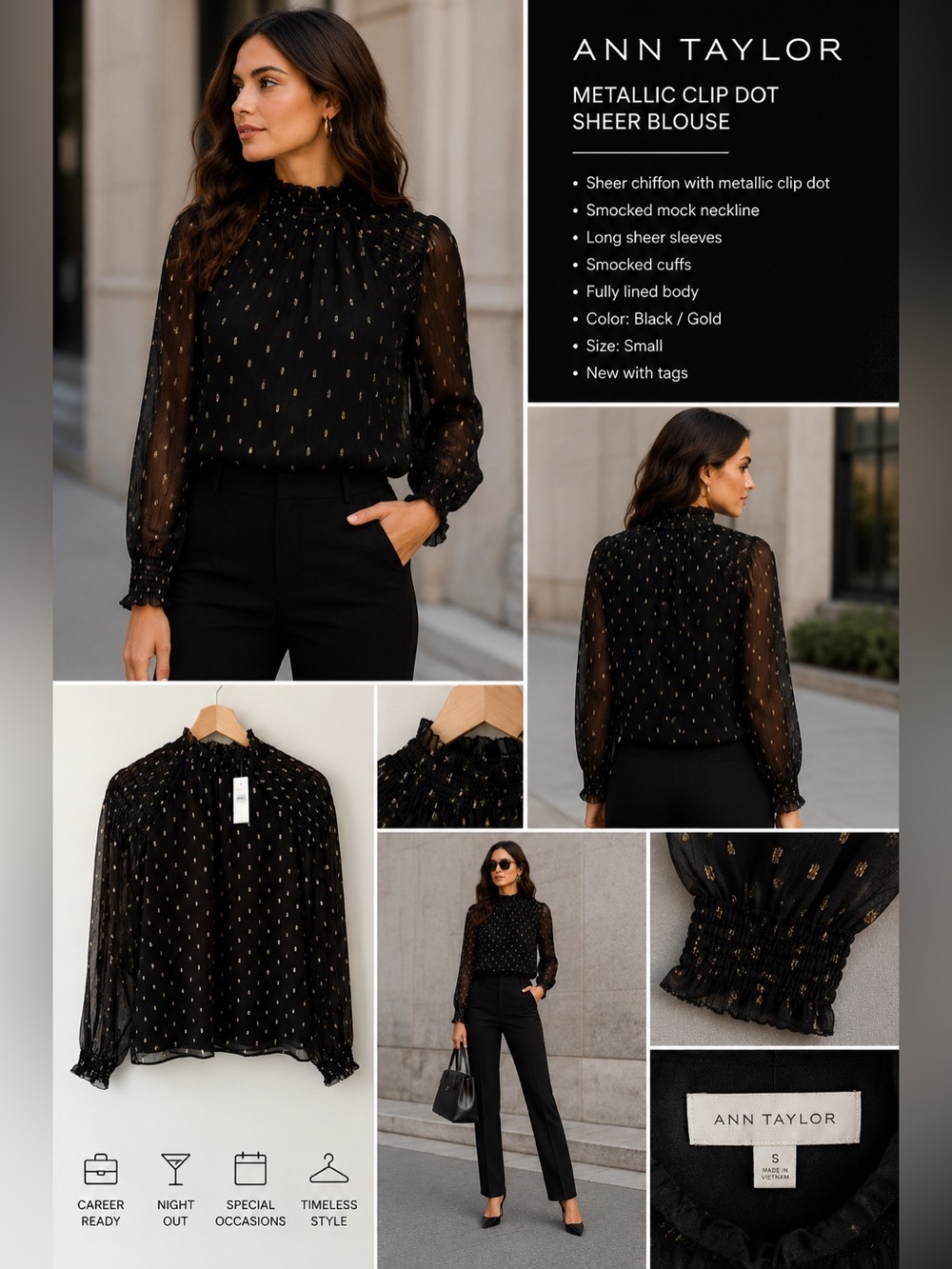 Ann Taylor Black Sheer Blouse with Gold Metallic Dots